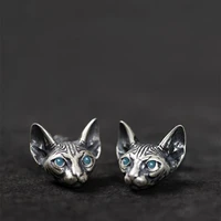 fashion blue eye hairless cat stud earrings for men and womens cute silver color cat earrings unisex jewelry gifts