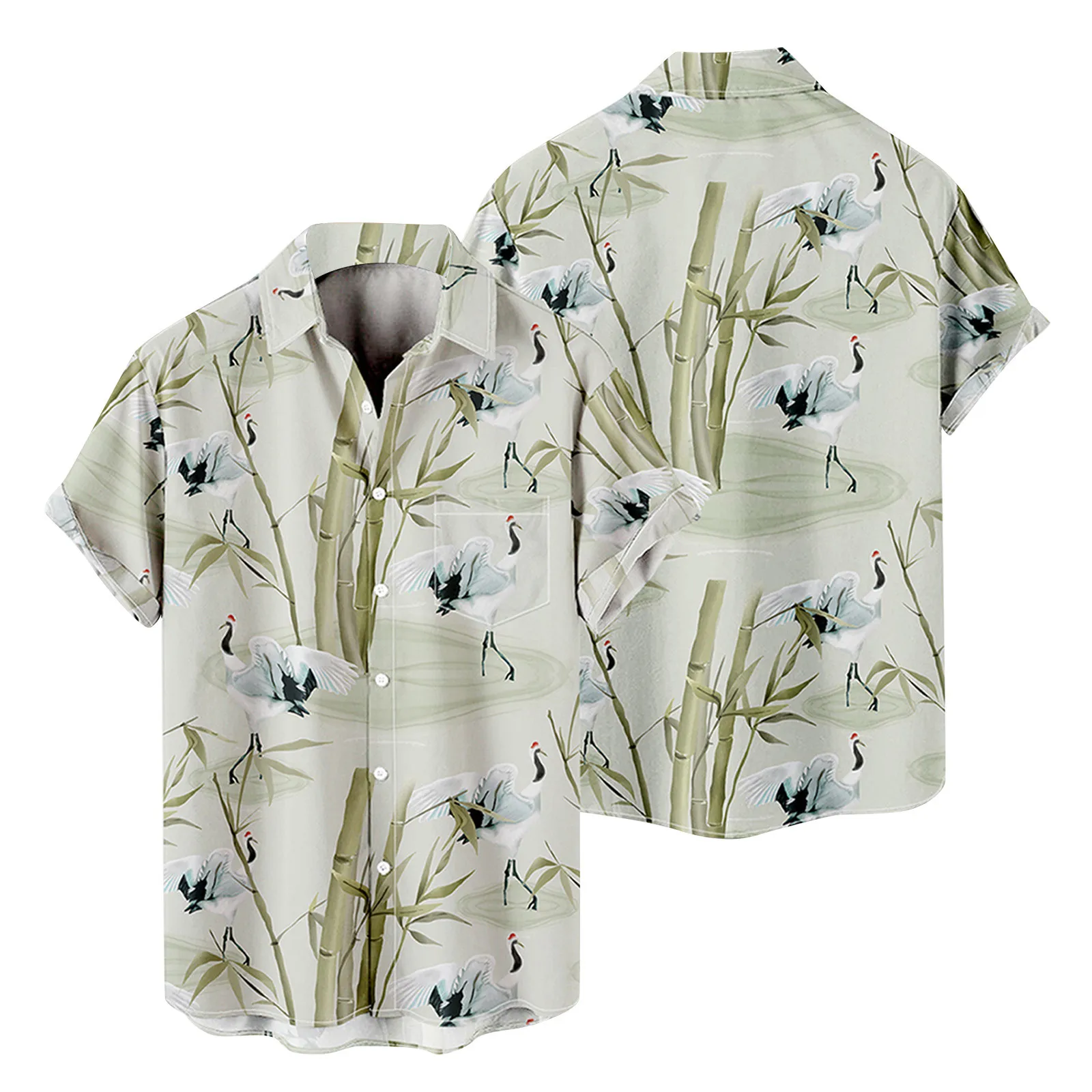

Bamboo Crane Print Retro Print Men's Shirts Fashion Casual Short Sleeve Turn-Down Collar Shirt High Quality Basic Male Tops 2022