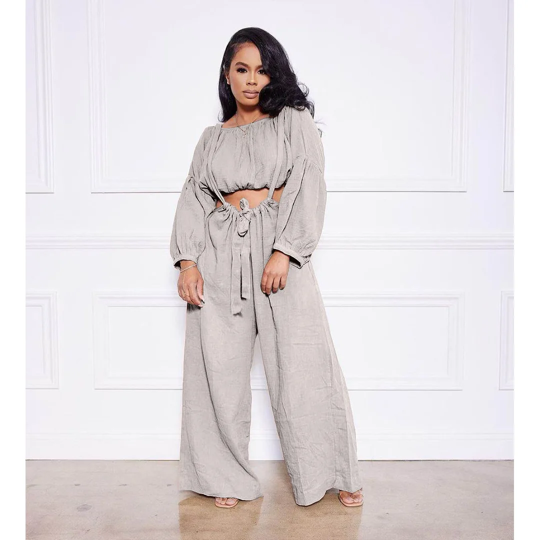 Women Casual Wide-leg Pant Sets Solid Color Lounge Wear Crop Top And Loose Trousers 2 Piece Fall Outfit Set