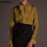 vonda elegant tunics blusas streetwears party tops oversized spring long sleeve bowknot shirts women casual loose solid blouses