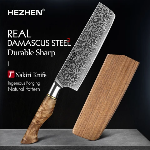 HEZHEN 7-дюймовый нож Nakiri, настоящий 67-слойный дамасский супер стальной нож для резки мяса, рыбы, овощей, острое лезвие, кухонный нож для повара