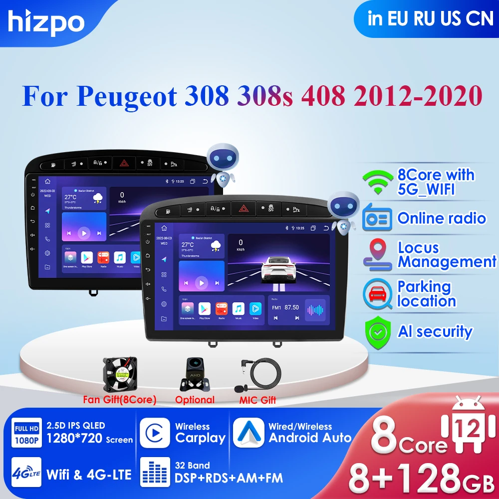 

Автомагнитола 2DIN, мультимедийный видеоплеер 9 дюймов на Android 12 для Peugeot 308 308SW 408 2012-2020, Авторадио Carplay 4G-LTE GPS DSP IPS