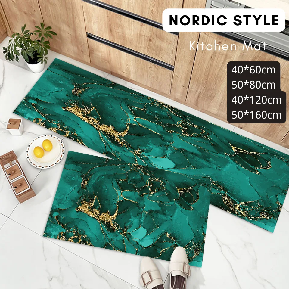 Emerald Green Floor Carpet Gold Abstract Marble Kitchen Mat Nordic Modern Living Room Bedroom Bedside Balcony Long Runner Rug