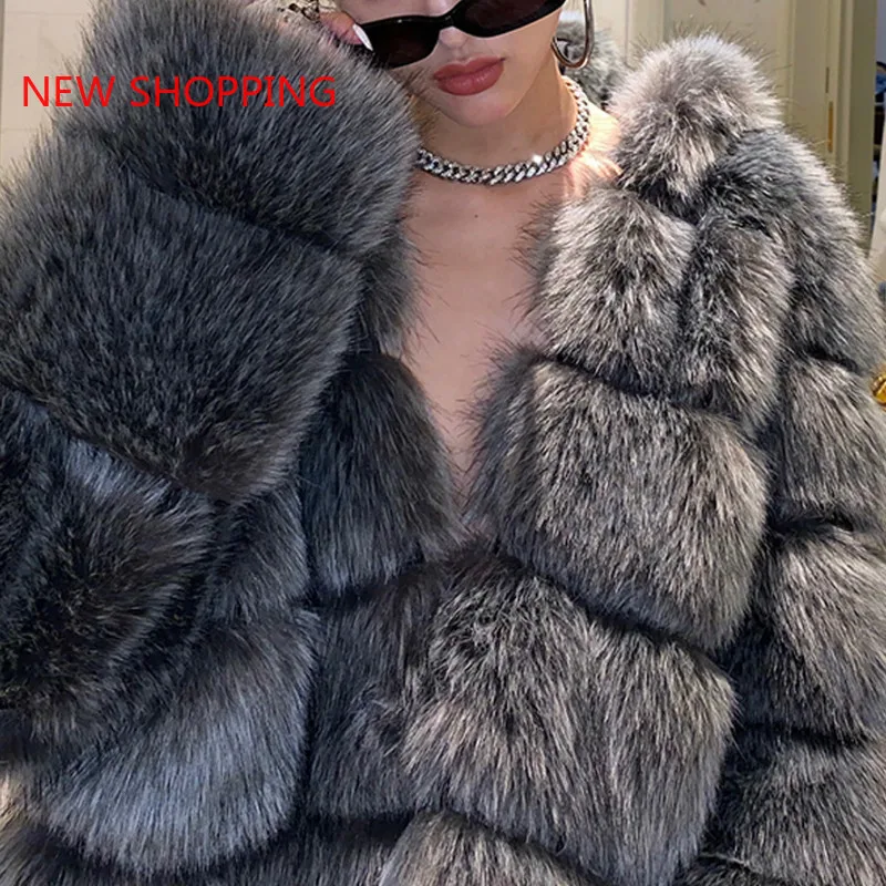 Plus Size Short Fur Coat Women 2023 Winter Long Sleeve Fluffy Warm Faux Fox Fur Coats High Street Overcoat Cropped Jacket Furry