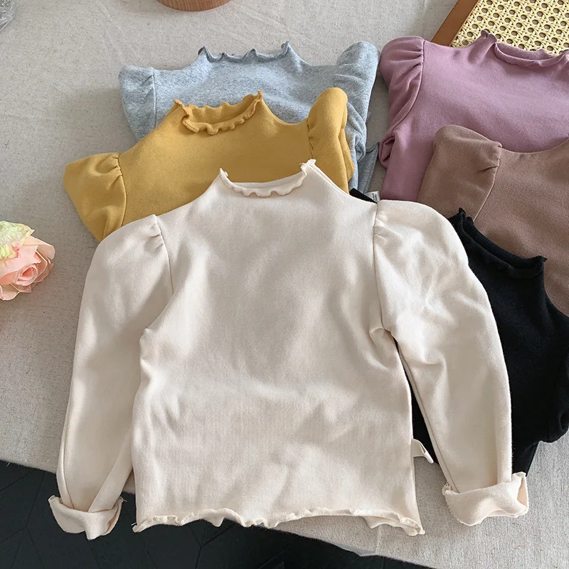 

2023 Kids Girl Bottoming Shirt Children Solid Color Puff Sleeve Stringy Selvedge Undershirt Toddler Autumn Winter Clothes 0-6Y