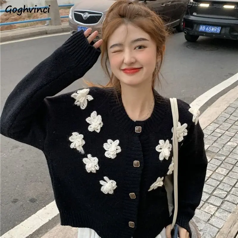

Женский винтажный свитер с цветами, черный вязаный кардиган, повседневный простой свитер в стиле Харадзюку, корейская мода, шикарный осенни...