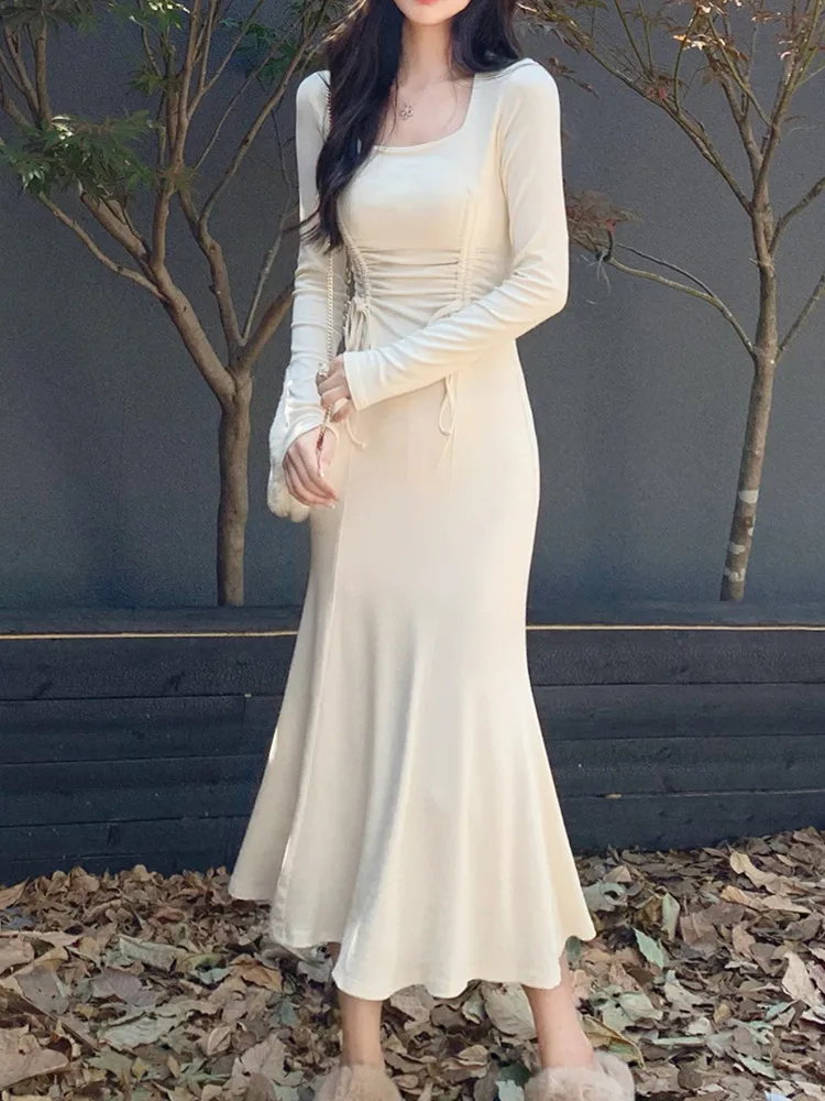 

Женское трикотажное платье-русалка, повседневное винтажное платье средней длины с квадратным вырезом и длинным рукавом, в Корейском стиле, весна-осень 2023