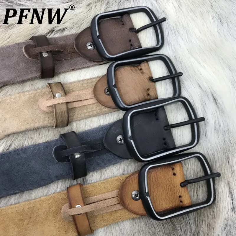 PFNW Men's Fashion Niche Vintage Belts Tide Performance Washed Old Leather Needle Button Casual Versatile Chic Design 12A7493