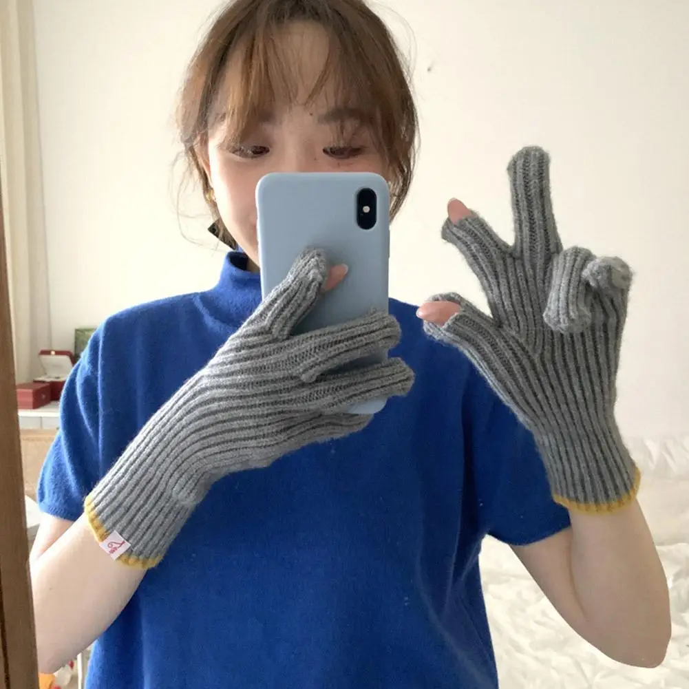 

Winter Warmer Imitation Wool Gloves Pure Color Knitted Woolen Gloves Women Outdoor Sport Riding Split Finger Thick Gloves
