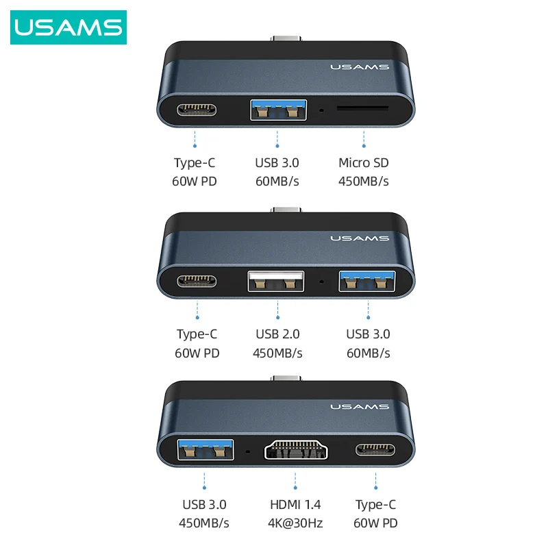 USAMS мини-концентратор PD 60 Вт Type C на USB 3 0 2 HDMI 1 4 TF-карта USB-разветвитель адаптер для