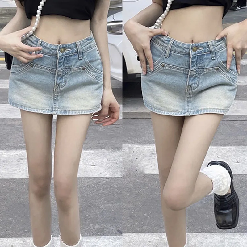 

Винтажная женская джинсовая мини-юбка с карманами и низкой талией, уличная одежда в стиле Харадзюку, прямая летняя юбка в стиле ретро 90-х Y2K