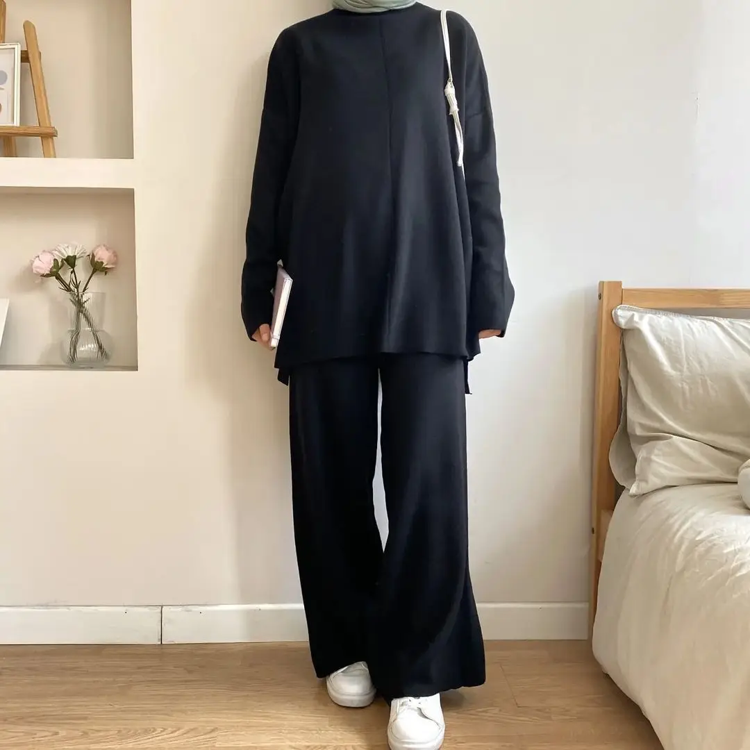 Ramadan Autumn Winter Knitted Muslim Sets Women Dress Abaya 2 Piece Sweater Pant Set Turkey Party Kaftan Islam Modest Outfits
