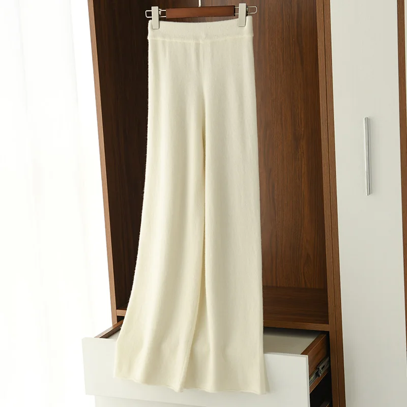 

100% Wool Cashmere Knitted Women's Pants Casual Pair with High Waist Single Color Lace Pockets Simple Cashmere Pants