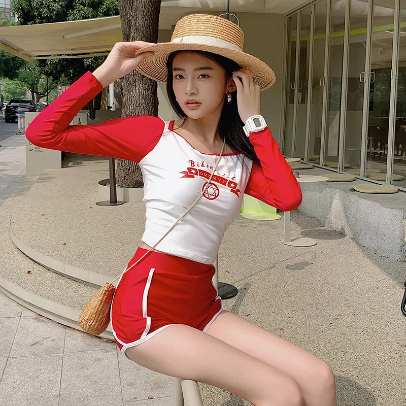 

Wisuwore 2023 New Long-sleeved Bathing Suit Women Conservative Split High Neck Sunscreen Sport Surfing Students Holiday Swimwear