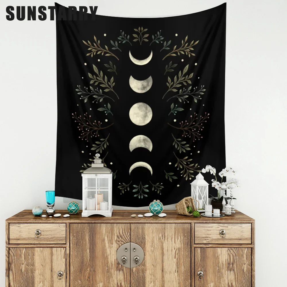 

Vintage Moon Phase Wall Hanging Tapestry Mooonlight Green Olive Leaf Black Tapestries Boho Room Wall Decor Home Decoration Wall