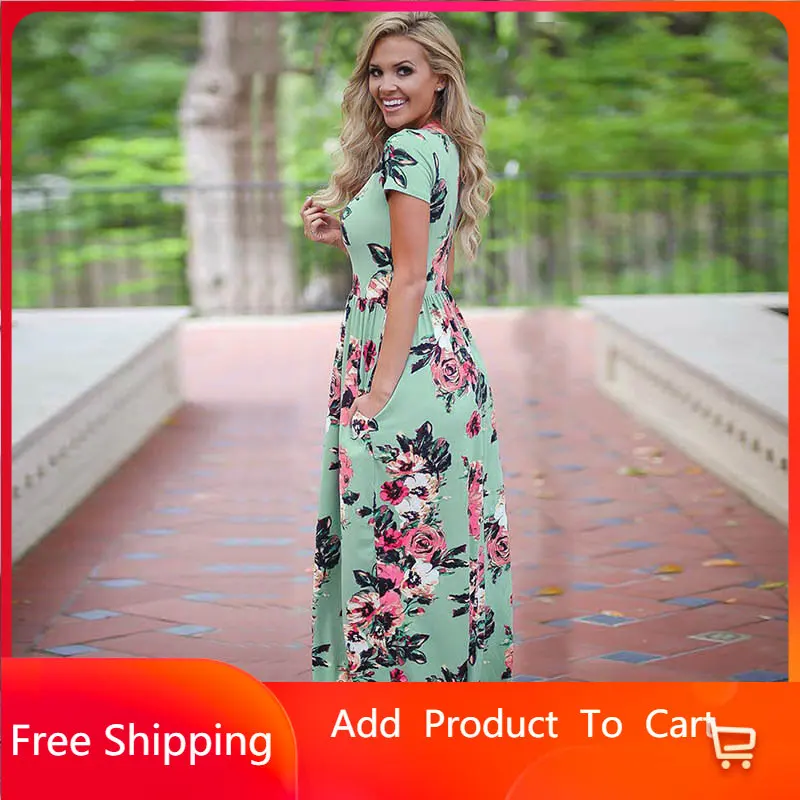 

Женское длинное платье с цветочным принтом, Повседневное Платье макси с круглым вырезом и коротким рукавом, большие размеры, осень-лето 2022