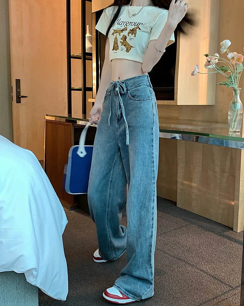 High Waist Jeans Women's Blue Spring/Summer Drawstring Lace Up Design Straight Tube Relaxed Slim Wide Leg Floor Dragging Pants