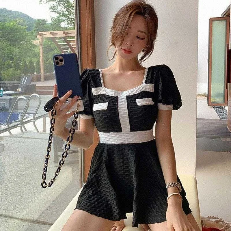 

One Piece Swimsuit Korean Style Conservative Dress Tight Short Sleeve Fresh