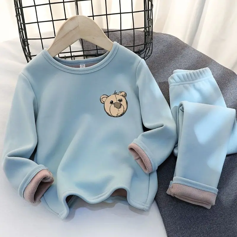 Children's Warm Pajamas Boys' Plus Velvet Padded Suit Girls' Winter Wear Bottoming Pants