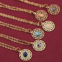 gold stainless steel charm chain 16mm round natural stone sun flowers pendant necklace for women jewelry