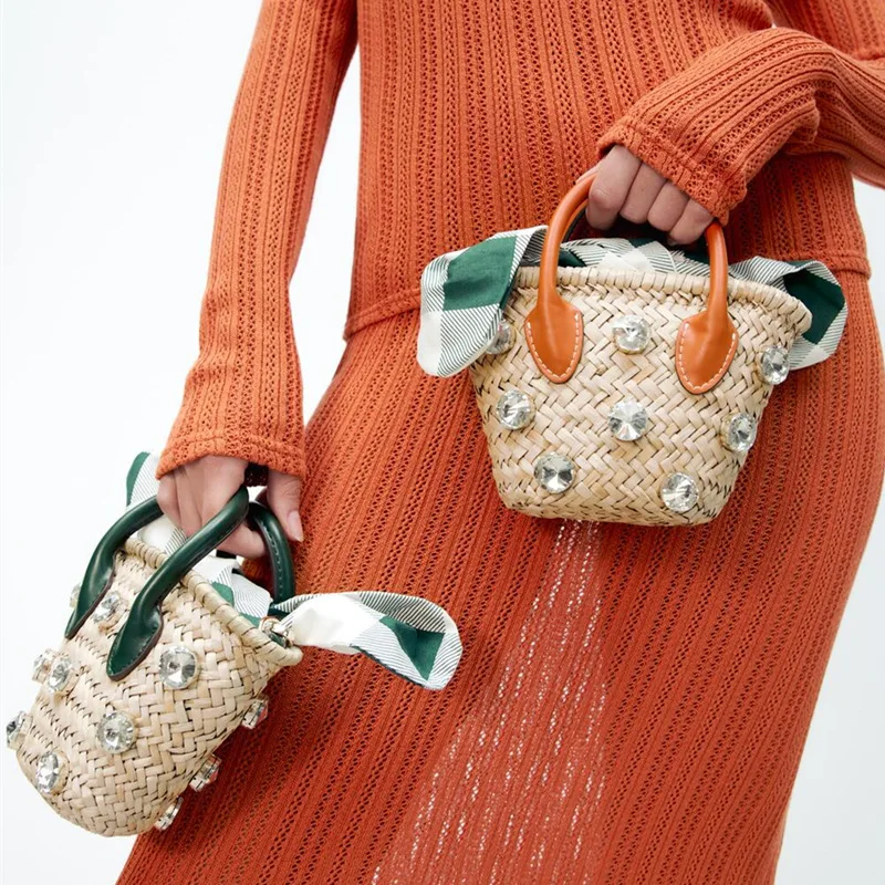 

ZA New Summer Water Grass and Diamond Designer Handbags High Quality 2022 Orange Mini Woven Basket Straw Rattan Purse