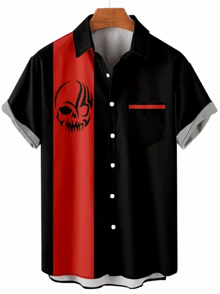 

Camisa de manga corta casual vintage con calavera negra y roja para hombre, camisa de playa hawaiana