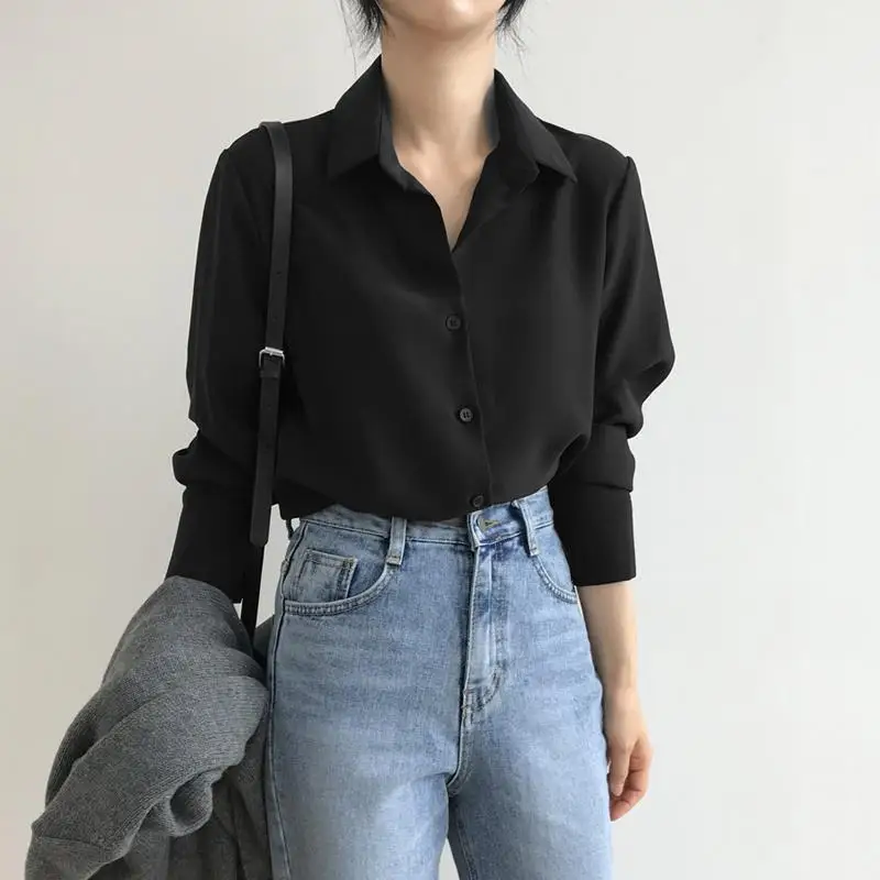 

2022 Women's Spring Autumn Fashion Loose Bottoming Shirts Female Solid Color OL Blouses Ladies Chiffon Long Sleeve Shirts Z156