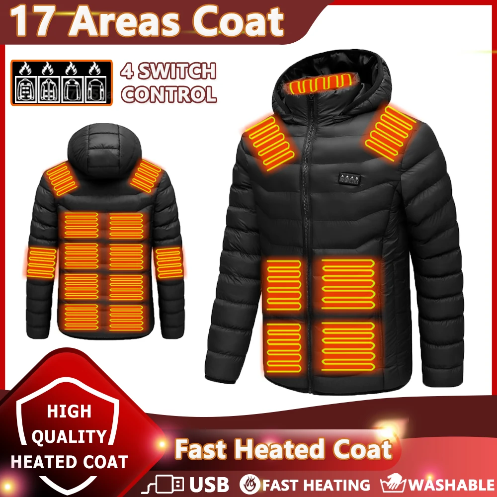 

17 Areas Heated Jacket USB Electric Heating Coat Smart Thermostat Hooded Heated Clothing Waterproof Winter Outdoor Warm Coat
