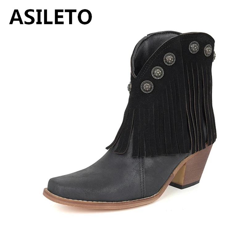 Женские ботильоны ASILETO с кисточками на каблуке 7 см ковбойские ботинки без