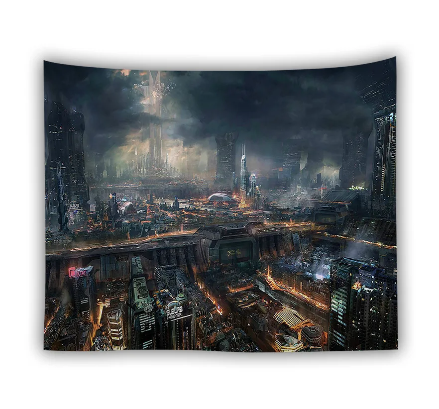 Тканевый гобелен с изображением Эйфелевой башни, Лондонского моста, красной телефонной будки, зонтом и желтой тканью в качестве фона для декорирования стены.