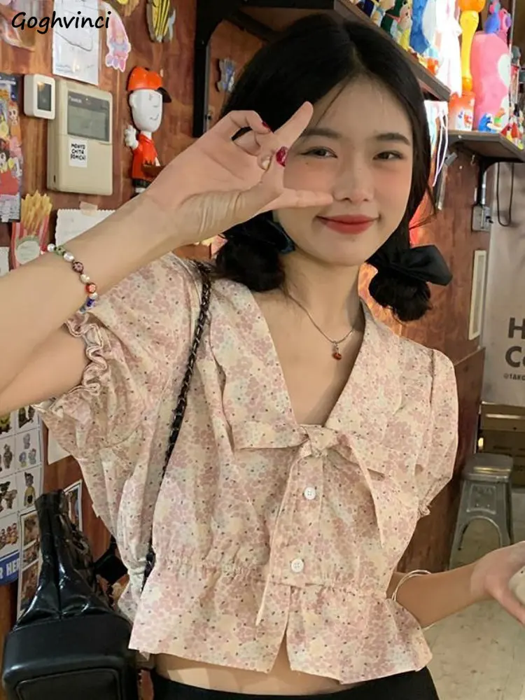 

Shirts for Women Bow Floral Sweet Puff Sleeve Korean Style Crop Tops Kawaii Fashion Casual Design Summer All-match Tender Chic