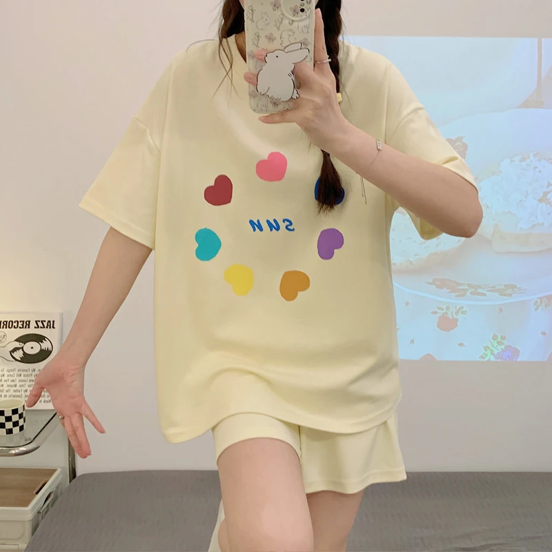 

2023 Summer Pajamas Set For Women Korean Loose Girl's Sleepwear Cotton Pour Femme Pyjama Love Pattern Pijama Mujer Female