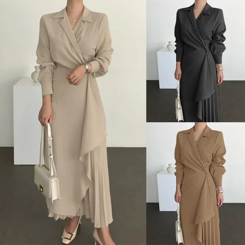 

Muslim Women's Shirt Dress Elegant Retro Long Sleeve Waist Dress Casual Blazer Dress Ramadan Robe Abaya Islamic Clothes