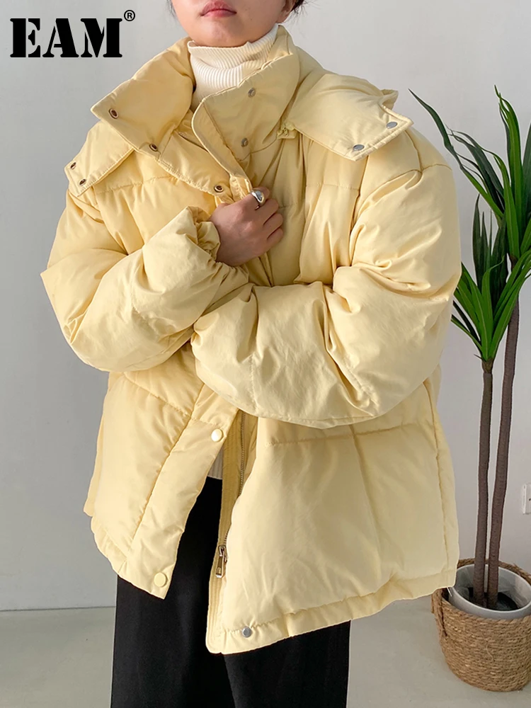 

[EAM] Yellow Big Size Warm Hooded Cotton-padded Coat Long Sleeve Loose Fit Women Parkas Fashion New Autumn Winter 2023 1DF2531