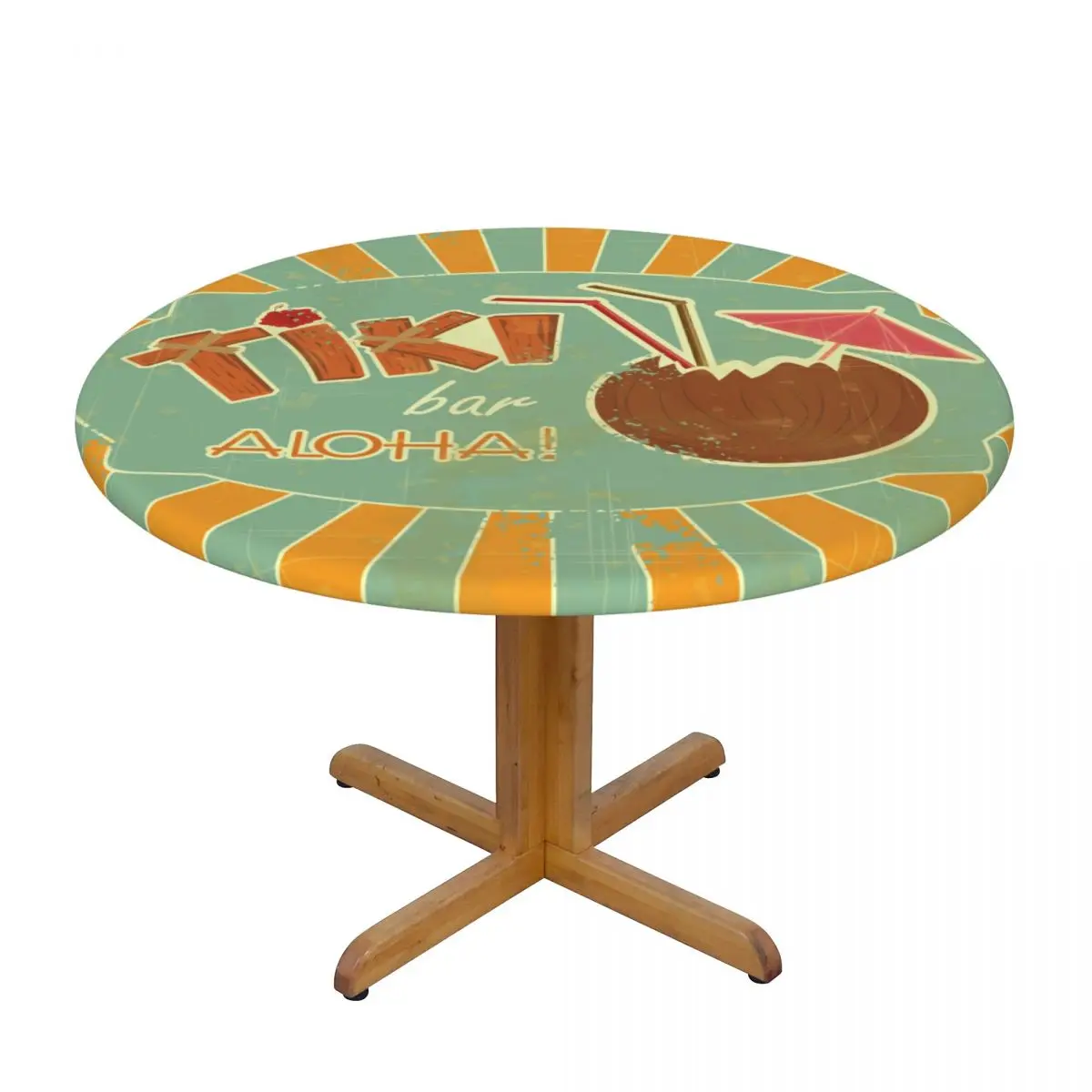 

Vintage Hawaiian Retro Tiki Bar Menu Waterproof Polyester Round Tablecloth Catering Fitted Table Cover with Elastic Edged