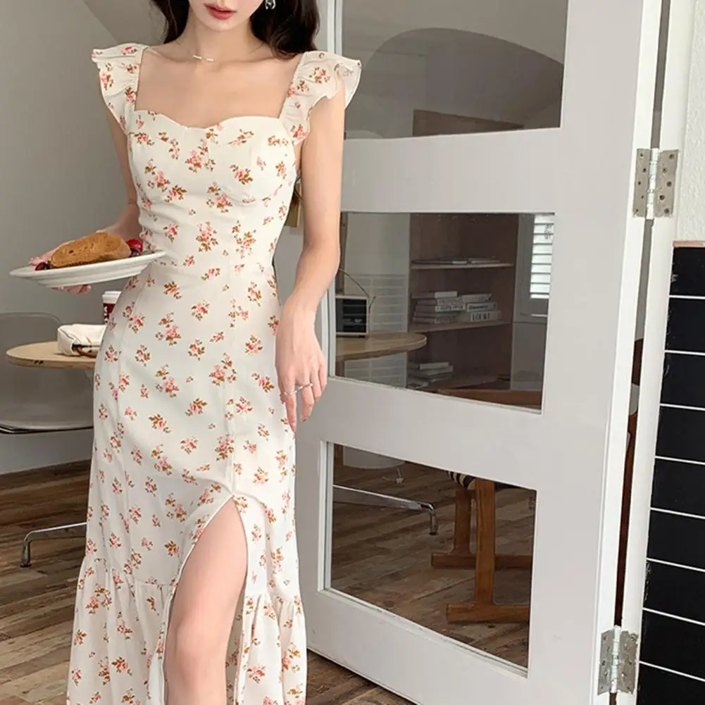 

Women Summer Dress Side Split Elastic Bust Sleeveless Maxi Dress Flower Print Ruffle Dress-up Dating Dress Female Clothing