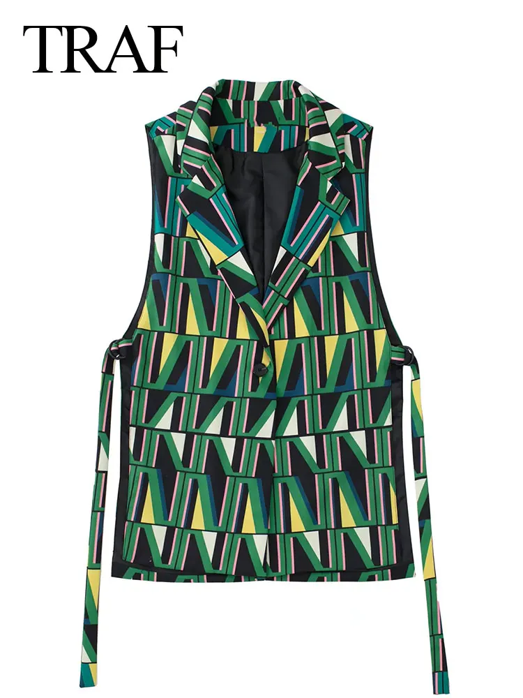 

TRAF Women's Sleeveless Blazer Vest Jacket Suit Collar One Button Lace Up Decorated Fashion Chic Print Geometric Temperament