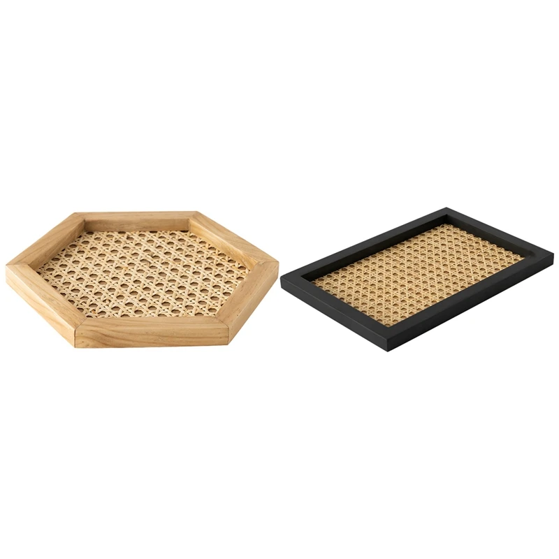 

2PCS Rattan Woven Tray Wooden Handmade Ins Wind Geometric Ornament Key Storage Tray, Rectangular Black & Hexagonal Wood