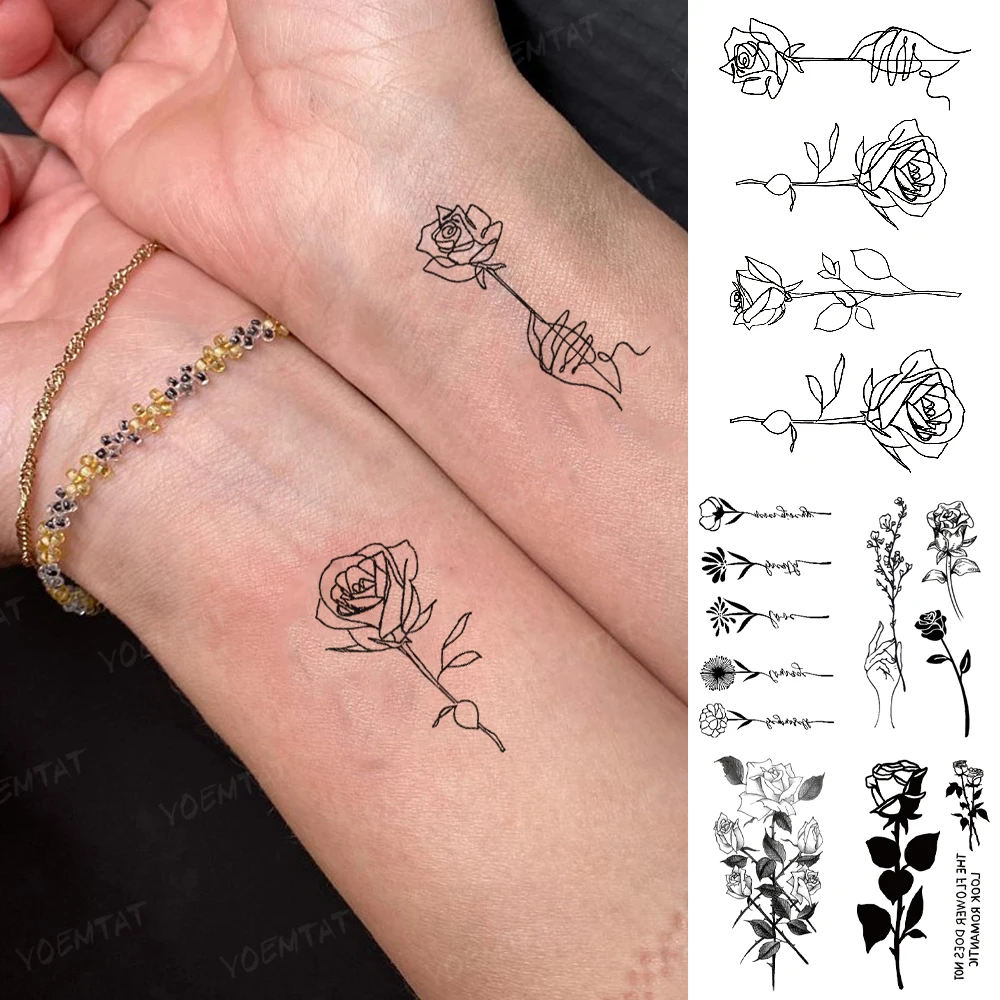 

Translation Tattoo Rose Flower Line Plant Hand Black Sketch Waterproof Temporary Kid Tatto Sticker Woman Man Body Art Fake Tatoo