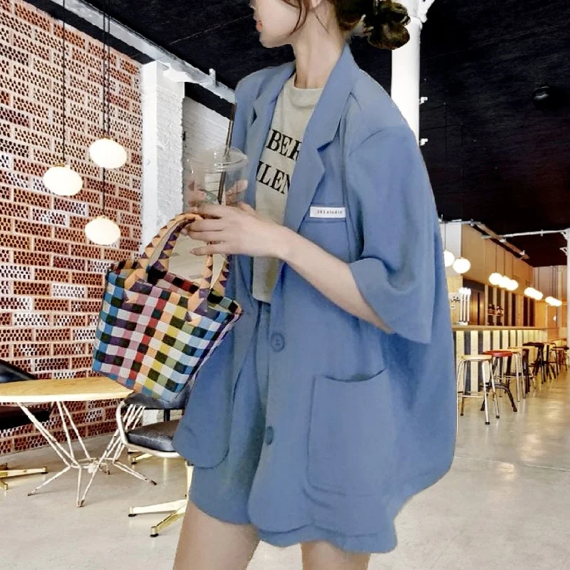 Summer Office Lady Elegant Fashion Short Sleeve Blazer Shorts Set Female Solid Loose Casual Suit Women's Clothing Coat Jacket