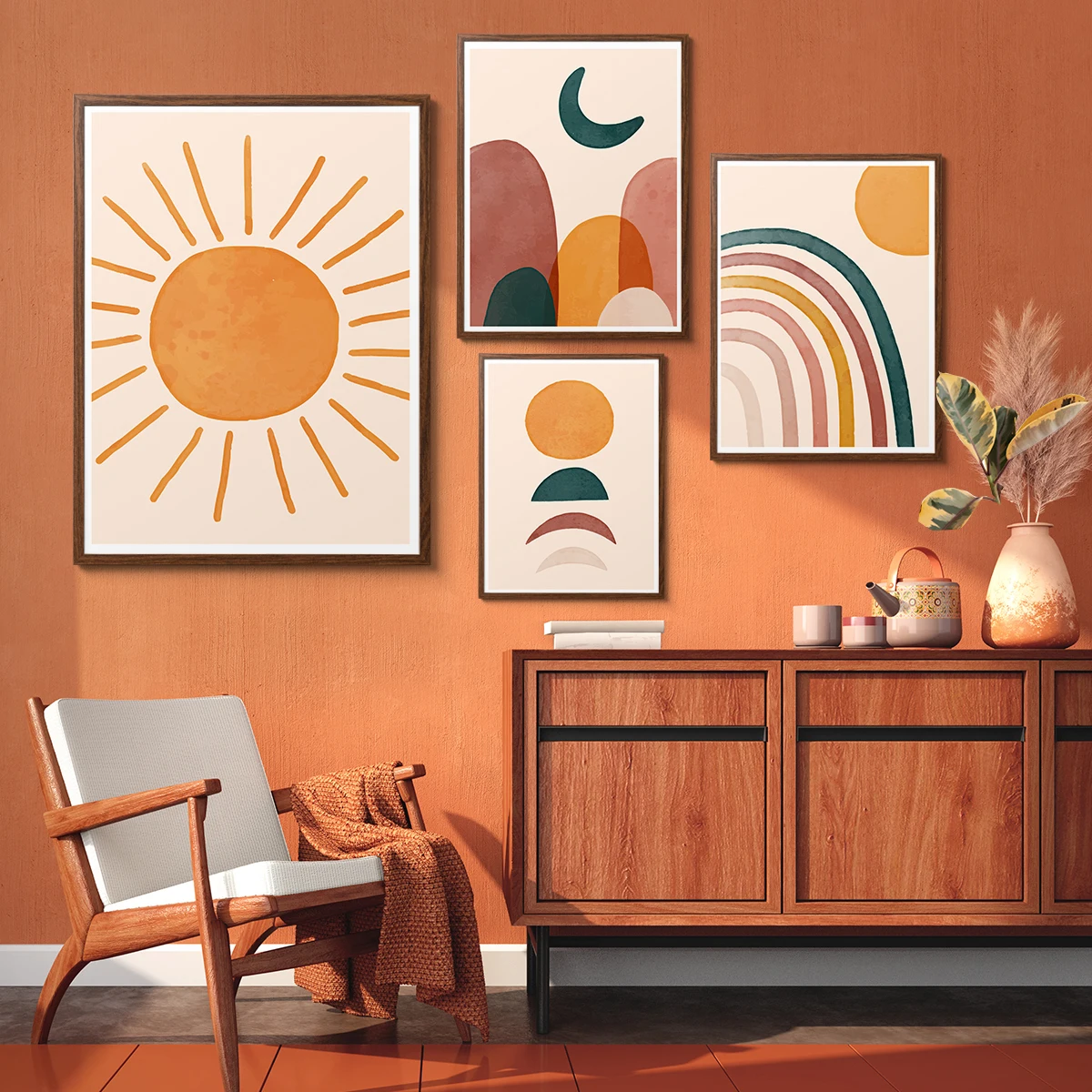 

Abstract Boho Mid Century Modern Sun Rainbow Moon Wall Art Print Canvas Poster Painting For Living Room Home Decor Decoration