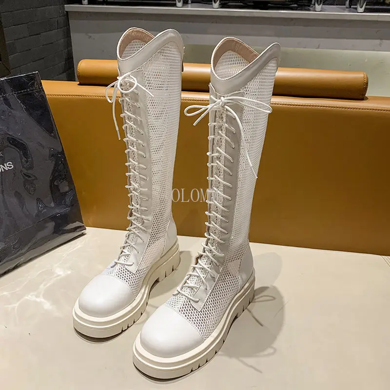 

Женские сапоги выше колена, новые модные сетчатые дышащие Сапоги на среднем каблуке, на молнии, со шнуровкой, женская обувь, привлекательные...