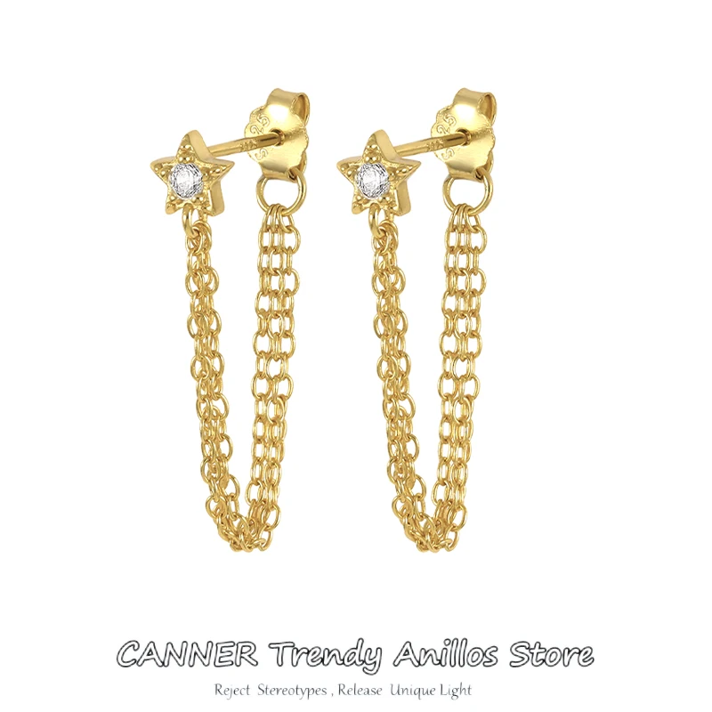 

CANNER Real 925 Sterling Silver Gold Pentagram Zircon Chain Stud Earring Piercing Dangle Earrings For Women Fine Jewelry aretes