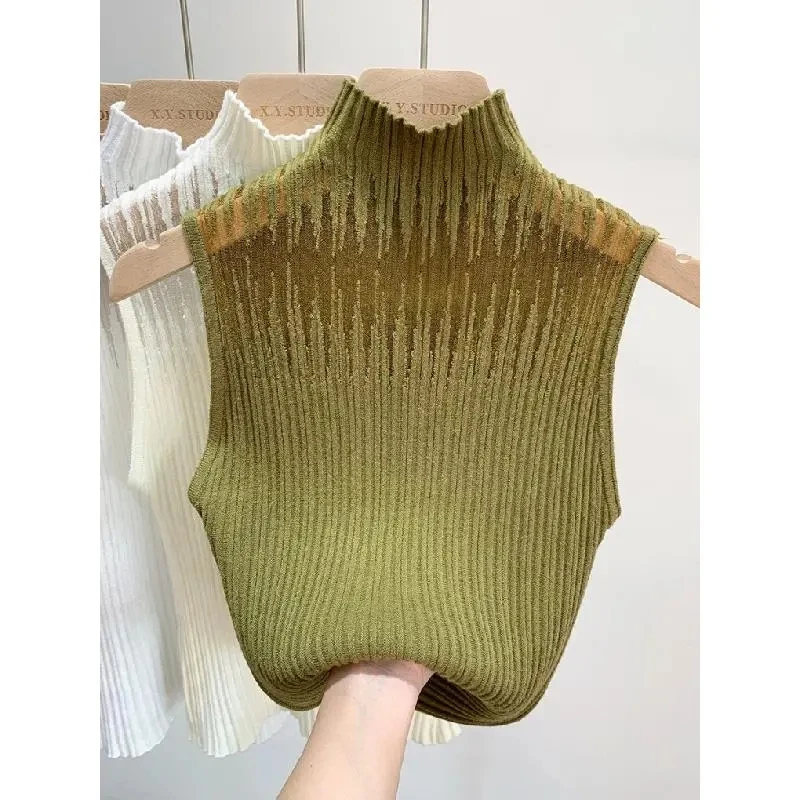 Hollow Out Gauze Tank Top Turtleneck Elegant Sleeveless Design Slim Camis Knitting Solid Chic Corset Summer Women's Tube Top