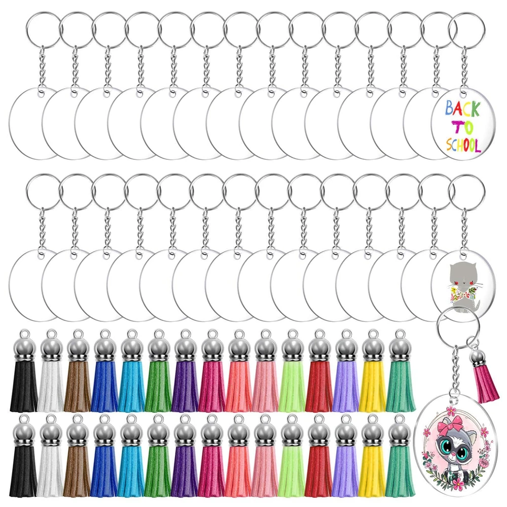 

48pcs Clear Acrylic Blanks Keychains Kit Including Leather Tassels Key Chain Rings and Jump Rings for DIY Keychain