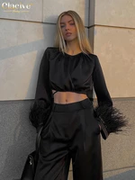 clacive sexy black satin pants suits fashion wide trousers set bodycon feather long sleeve shirts two piece sets womens outifits
