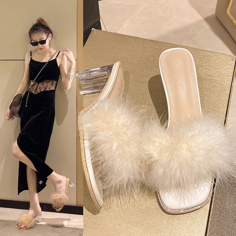 2023 Women's Summer Shoes High Heel Sandals Fluffy Sexy Coarse High Heels Women's Open Toe Shoes Extremely Late Party Shoes