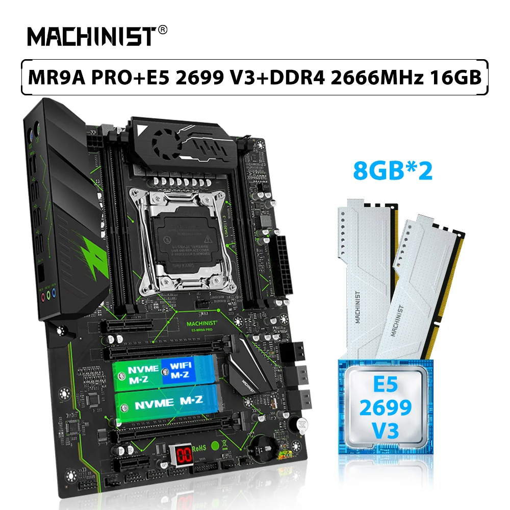 

MACHINIST X99 MR9A PRO комплект материнской платы LGA 2011-3 комплект Xeon E5 2699 V3 процессор ЦП 16 ГБ = 2*8 ГБ 2666 МГц DDR4 Память ОЗУ NVME M.2