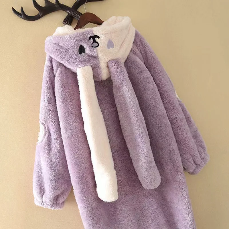 Women Winter Nightgown Thick Coral Velvet Sweet Rabbit Ears Hooded Homewear Flannel Female Warm Home Service Bathrobe