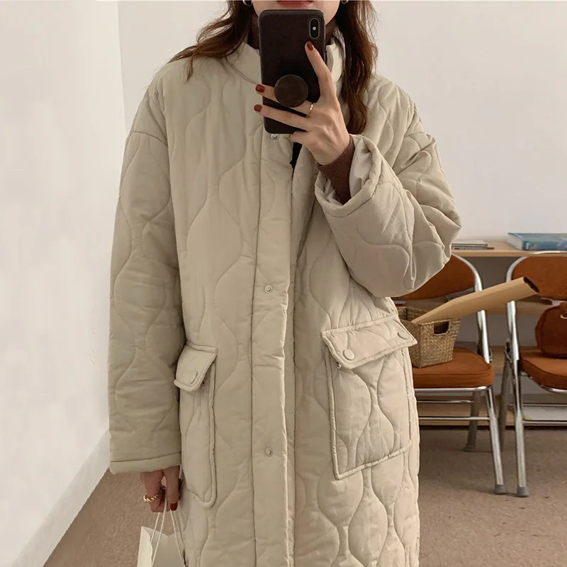 winter retro casual style stand collar single breasted loose and thickened warm medium and long cotton jacket for women